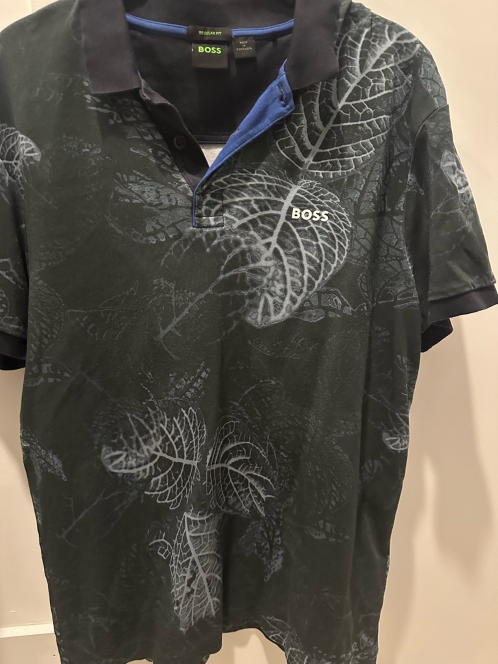 BOSS Black Polo with Subtle Gray Leaf Print and Blue Trim